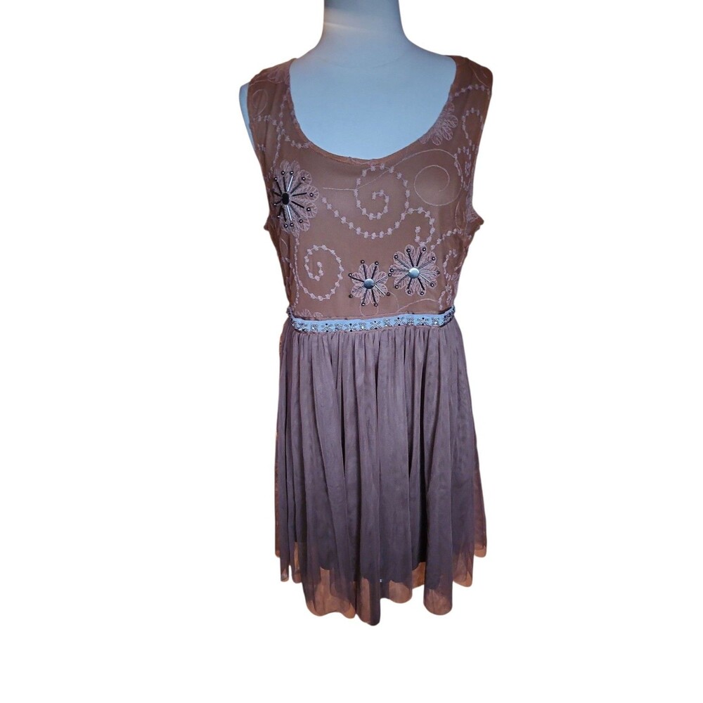 Areve Embroidered Tulle Dress Womens L Mocha Brown Fairy Whimsigoth Beaded NWOT